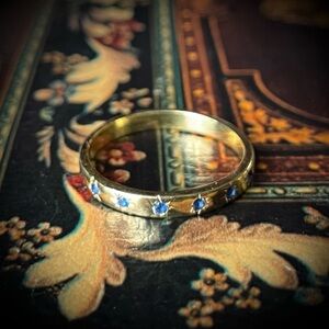 Gold Plate Lab Sapphire Star Etched Design Sterling Silver Ring size 9 Artisan